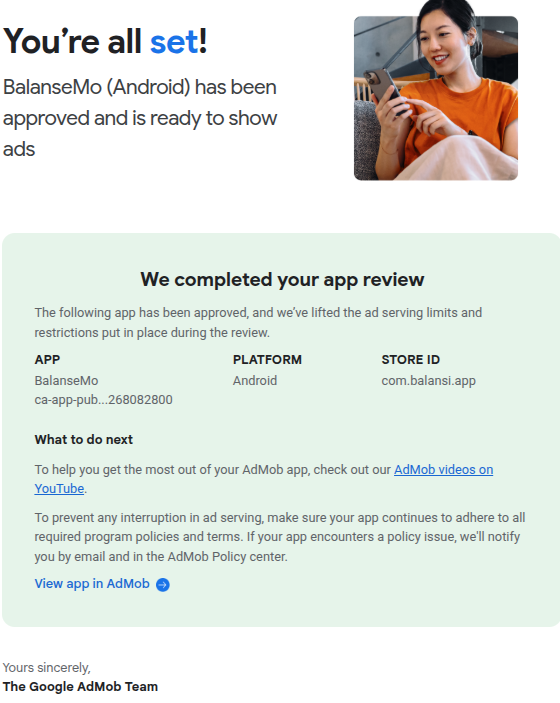 Google AdMob approval email confirming BalanseMo for Android is approved and ready to show ads