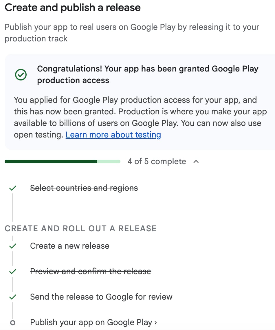 Google Play Console showing BalanseMo granted production access