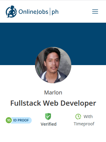 Marlon Dizon's OnlineJobs.ph profile showing a 95 ID Proof score, a Verified badge, and Timeproof enabled